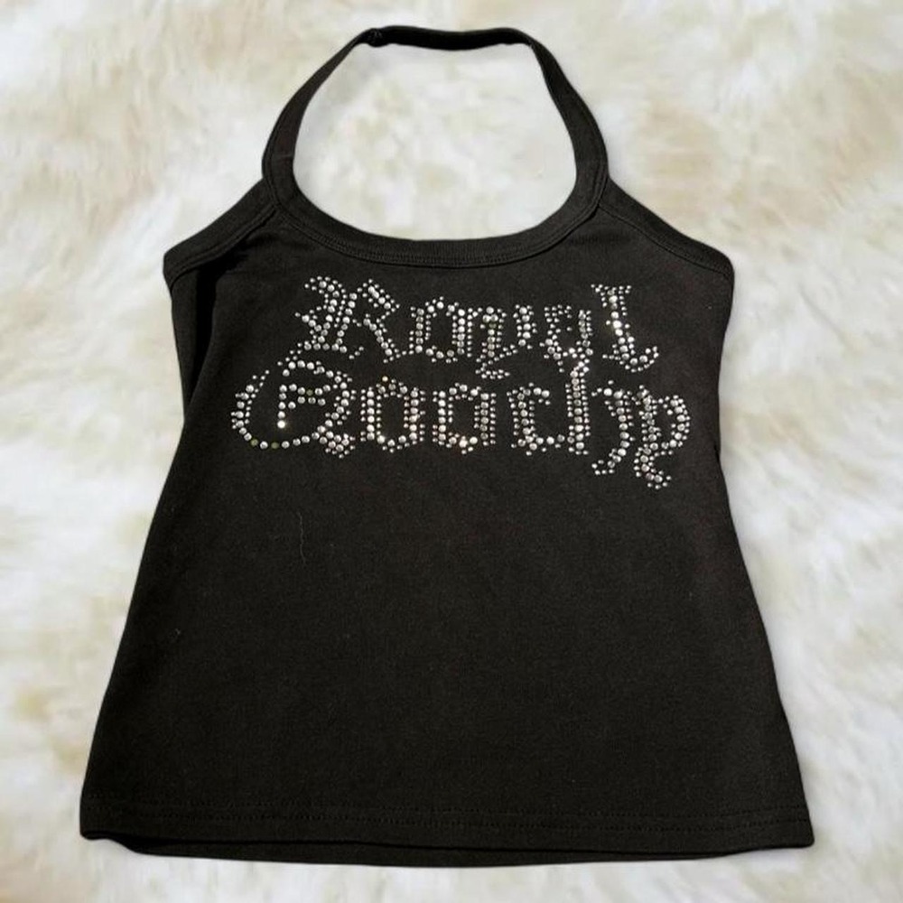 Royal Coochy Y2K Rhinestone Lace Halter Tank Top Black Silver Small Medium